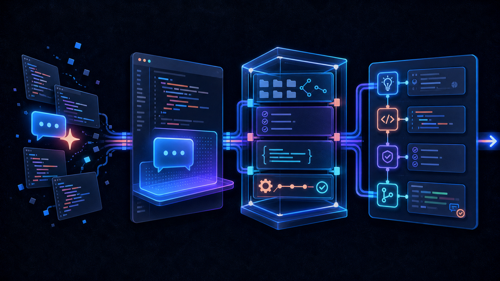 Four-stage illustration showing software development evolving from code snippets and chat prompts to IDE assistance, a coding harness, and an automated workflow prepared for review.