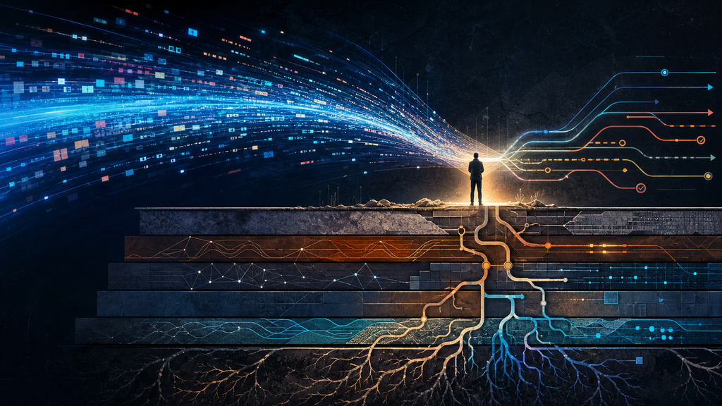 Illustration of a human engineer directing generated code above layered foundations representing systems thinking, debugging, performance, security, operability, and experience.