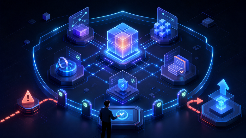 Abstract diagram showing specialized AI agents planning, implementing, testing, reviewing, and security-checking a software change, with human approval and rollback paths.